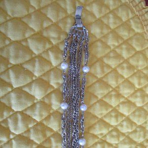 Vintage Silver Tone 5 Chain Strands/Faux Pearls Bracelet with Box Clasp